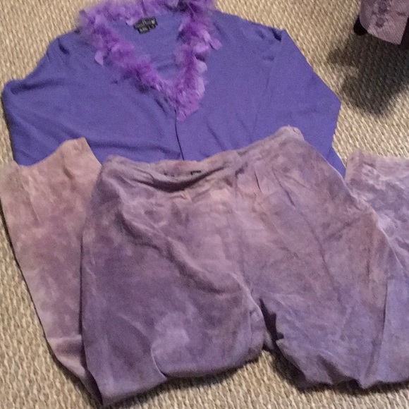 EUCCarol LittleLavender suede pantsostrich feathers on cardigan. 3 piece set.